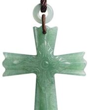 iSTONE Natural Gemstone Green Aventurine Jade Carving Cross Shape Healing Crystal Pendant Necklace Brown Rope Chain 28 inch…