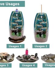 Incense Burner, Waterfall Incense Holder Ceramic Incense Burner Home Decor Aromatherapy Ornament with 120 Pcs Backflow Incense Cones, 30 Incense Stick, 20 Coil Incense, Cushion, Artificial Lotus Leaf